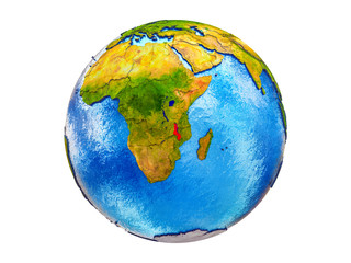 Malawi on 3D model of Earth with country borders and water in oceans. 3D illustration isolated on white background.