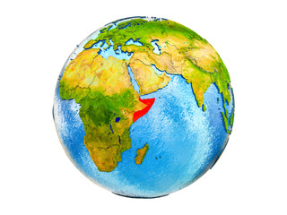 Somalia on 3D model of Earth with country borders and water in oceans. 3D illustration isolated on white background.