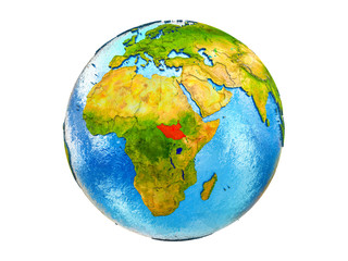 South Sudan on 3D model of Earth with country borders and water in oceans. 3D illustration isolated on white background.