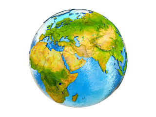 Qatar on 3D model of Earth with country borders and water in oceans. 3D illustration isolated on white background.