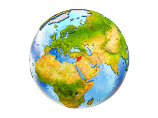 Syria on 3D model of Earth with country borders and water in oceans. 3D illustration isolated on white background.