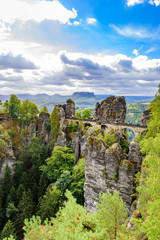 Panorama view on the Bastei bridge. Bastei is famous for the beautiful rock formation in Saxon...