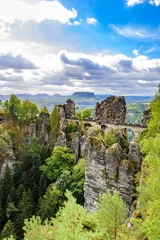 Photo sur Plexiglas Le pont de la Bastei Vue panoramique sur le pont Bastei. Bastei est célèbre pour la belle formation rocheuse du parc national de la Suisse saxonne, près de Dresde et Rathen - Allemagne. Destination de voyage populaire en Saxe.