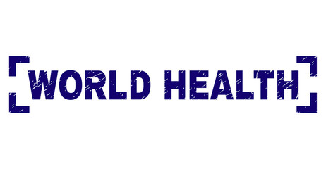 WORLD HEALTH text seal imprint with corroded style. Text caption is placed inside corners. Blue vector rubber print of WORLD HEALTH with corroded texture.