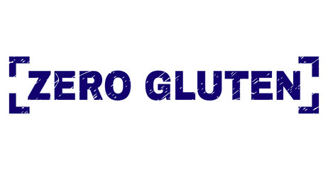 ZERO GLUTEN caption seal print with distress texture. Text label is placed between corners. Blue vector rubber print of ZERO GLUTEN with unclean texture.