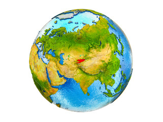 Kyrgyzstan on 3D model of Earth with country borders and water in oceans. 3D illustration isolated on white background.
