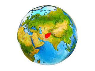 Afghanistan on 3D model of Earth with country borders and water in oceans. 3D illustration isolated on white background.