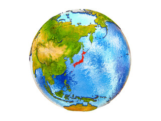 Japan on 3D model of Earth with country borders and water in oceans. 3D illustration isolated on white background.