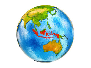 Indonesia on 3D model of Earth with country borders and water in oceans. 3D illustration isolated on white background.