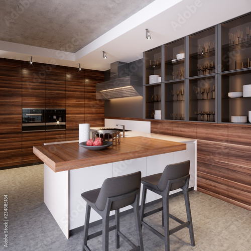 A Kitchen With Island Two Chairs In Modern A Kitchen With Island Two Chairs In Modern The Style Of Koteemporri And Furniture