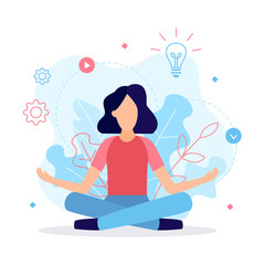 Girl sitting in lotus pose. Thought process, search for ideas and work on the project. Business concept. Flat vector illustration.