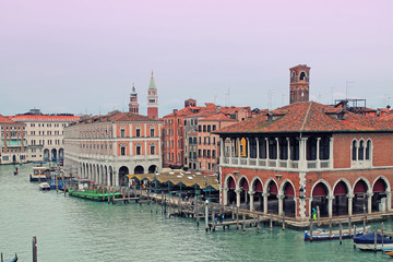 View of Grand Canal and the market in Venice, Italy. 20 february 2018 year.