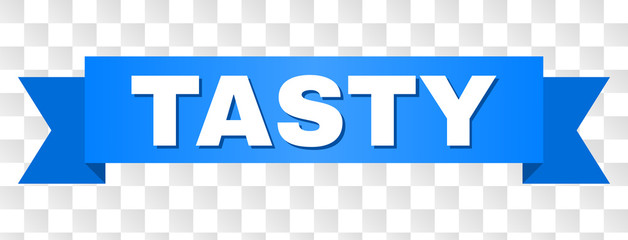 TASTY text on a ribbon. Designed with white caption and blue stripe. Vector banner with TASTY tag on a transparent background.