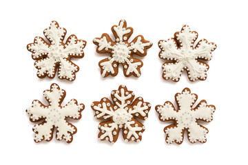 Christmas cookies in the shape of snowflakes handmade. Basic for your decoration on the white background