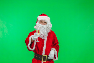 Santa holding champagne glass, chromakey. Santa Claus, green screeen