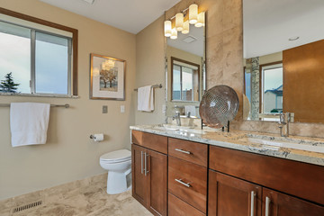 Bathroom with large vanity, mirror and granite countertop.