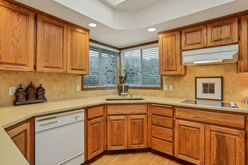 Open large kitchen interior with vaulted ceiling and white appliances.