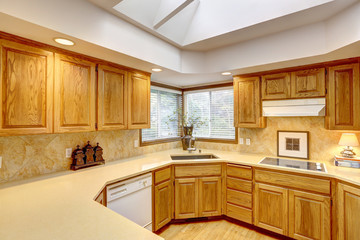 Open kitchen interior with dark wood cebinets and wood floor