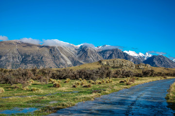 Mount Sunday landscape, scenic view of Mount Sunday and surroundings in Ashburton Lakes District, South Island, New Zealand