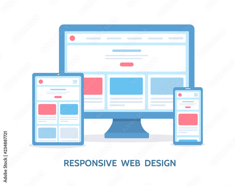 Poster responsive web design. the website is open on different devices: computer, tablet and smartphone. fl