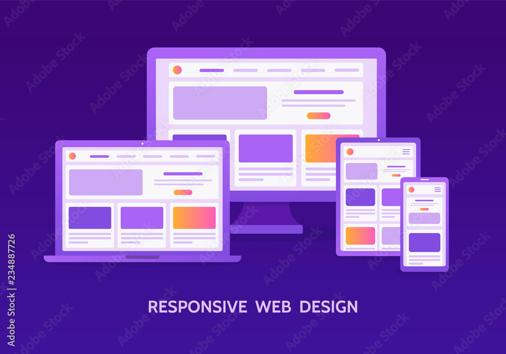 Fototapete Responsive web design. The website is open on different screens: laptop, computer monitor, tablet and smartphone.  Flat vector illustration.