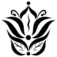 Blooming flower with leaves, black pattern, decor