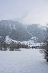 Fototapeta na wymiar Winter landscape in swiss mountains with some huts in the background