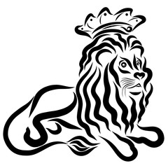 Lying young strong lion in a crown, black pattern