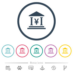 Yen bank office flat color icons in round outlines