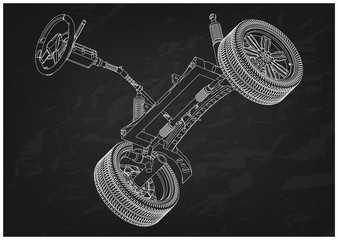 3d model of steering column and car suspension on black