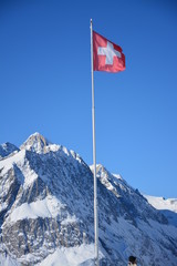 Flag of switzerland in the alps in winter