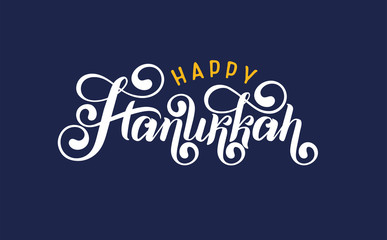 Vector lettering hand written text Happy Hanukkah Jewish Festival of Lights isolated. Festive Inscription logo, quote.