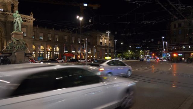 night time zurich city famous railway station traffic square panorama 4k switzerland
