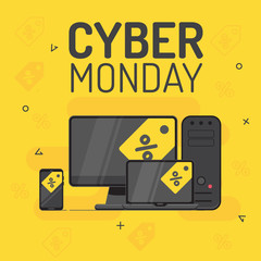 Graphics on cyber monday with a electronic equipment. Vector illustration with black background.