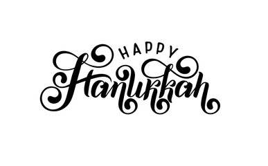Vector lettering hand written text Happy Hanukkah Jewish Festival of Lights isolated. Festive Inscription logo, quote.