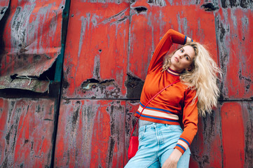 Lifestyle fashion portrait of young beautiful cute girl model.  Odd bizarre strange unusual cute...