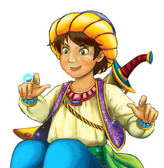 cartoon scene with arabian knight or prince with sword on white background - illustration for children