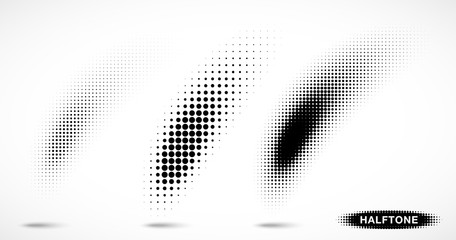 Halftone curved gradient pattern texture isolated on white background set. Curve brush smear using halftone circle dots raster texture collection. Vector illustration.