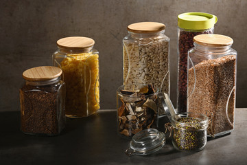 Sustainable lifestyle concept, zero waste, cereals and beas in glass, eco friendly, plastic free...