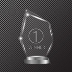 Glass shining trophy Isolated on black transparent background. Glass Trophy Award illustration,