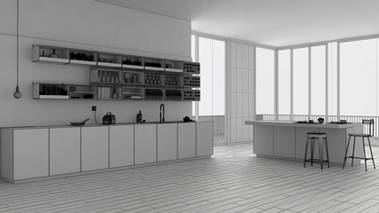 Unfinished project draft, minimalist white kitchen with cabinets, shelves and island, open space with panoramic window, contemporary interior design architecture
