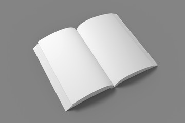Blank opened soft cover book mockup. White 3D illustration of book mock-up.