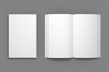 Empty composition of closed book with opened. White 3D illustration of blank book mock-up in top view.