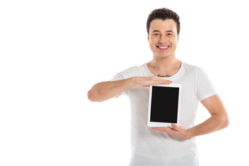 handsome man holding digital tablet with blank screen isolated on white