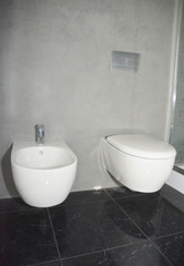 Fototapeta na wymiar White toilet bowl, wc with bidet in bathroom.