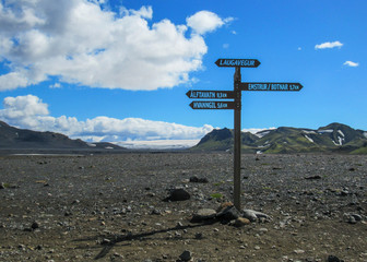 Laugavegur hiking trail marker sign post with directions to Emstrur-Botnar, Alftavatn, Hvanngil, Highlands of Iceland