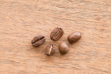 Close up of coffee beans on wooden desk
