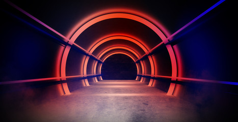 Abstract arch in a dark empty room, neon light. Night view. 3D Rendering.