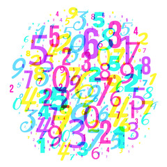 Mathematics background - group of random different numbers math pattern, bright neon 80s style