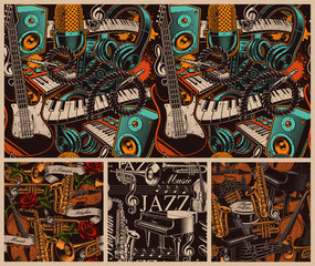 Set of different musical seamless backgrounds. - obrazy, fototapety, plakaty